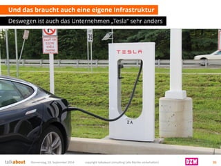 Und das braucht auch eine eigene Infrastruktur 
Deswegen ist auch das Unternehmen „Tesla“ sehr anders 
Donnerstag, 18. September 2014 copyright talkabout consulting (alle Rechte vorbehalten) 35 
 