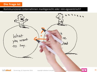 Die Frage ist: 
Kommunizieren Unternehmen marktgerecht oder rein egozentrisch? Donnerstag, 18. September 2014 copyright talkabout consulting (alle Rechte vorbehalten) 55 
 