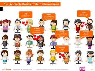 Die „Anmach-Maschen“ der Unternehmen 
Donnerstag, 18. September 2014 copyright talkabout consulting (alle Rechte vorbehalten) 61 
Luigi 
„Reklame“ 
Juan 
„Werbung“ 
Rüdiger 
„Dauer- quatscher“ 
Georg 
„Social Media Dialog“ 
Stevie 
„Social Media Marketing“ 
Michael 
„PR“ 
William 
„Content Marketing“  