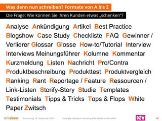 Was denn nun schreiben? Formate von A bis Z 
Die Frage: Wie können Sie Ihren Kunden etwas „schenken“? 
Donnerstag, 18. September 2014 copyright talkabout consulting (alle Rechte vorbehalten) 90 
Analyse Ankündigung Artikel Best Practice BlogshowCase Study Checkliste FAQ Gewinner / Verlierer Glossar Glosse How-to/Tutorial Interview Interviews Meinungsführer Kolumne Kommentar Kurzmeldung Listen Nachricht Pro/Contra Produktbeschreibung Produkttest Produktvergleich Ranking RantReportage / Feature Ressourcen / Link-Listen Storify-Story Studie Templates TestimonialsTipps & Tricks Tops & Flops White Paper Zwitsch  