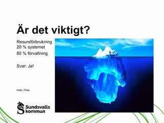 Är det viktigt? 
Resursförbrukning 
20 % systemet 
80 % förvaltning 
Svar: Ja! 
Källa: PÅab 
 