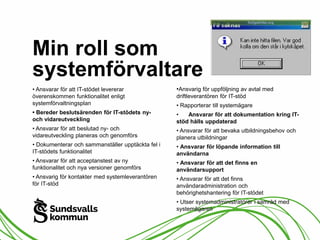 Min roll som 
systemförvaltare 
• Ansvarar för att IT-stödet levererar 
överenskommen funktionalitet enligt 
systemförvaltningsplan 
• Bereder beslutsärenden för IT-stödets ny-och 
vidareutveckling 
• Ansvarar för att beslutad ny- och 
vidareutveckling planeras och genomförs 
• Dokumenterar och sammanställer upptäckta fel i 
IT-stödets funktionalitet 
• Ansvarar för att acceptanstest av ny 
funktionalitet och nya versioner genomförs 
• Ansvarig för kontakter med systemleverantören 
för IT-stöd 
•Ansvarig för uppföljning av avtal med 
driftleverantören för IT-stöd 
• Rapporterar till systemägare 
• Ansvarar för att dokumentation kring IT-stöd 
hålls uppdaterad 
• Ansvarar för att bevaka utbildningsbehov och 
planera utbildningar 
• Ansvarar för löpande information till 
användarna 
• Ansvarar för att det finns en 
användarsupport 
• Ansvarar för att det finns 
användaradministration och 
behörighetshantering för IT-stödet 
• Utser systemadministratörer i samråd med 
systemägaren 
 