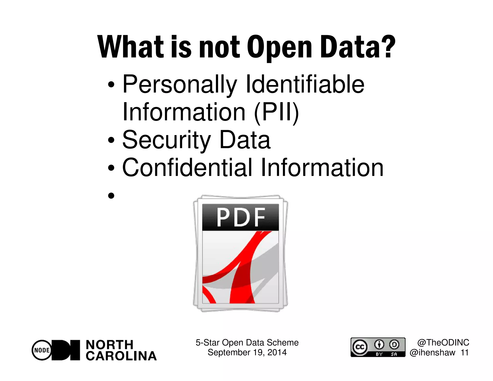 5-Star Open Data Scheme 
September 19, 2014 
@TheODINC 
@ihenshaw 11 
What is not Open Data? 
 Personally Identifiable 
Information (PII) 
 Security Data 
 Confidential Information 
 
 