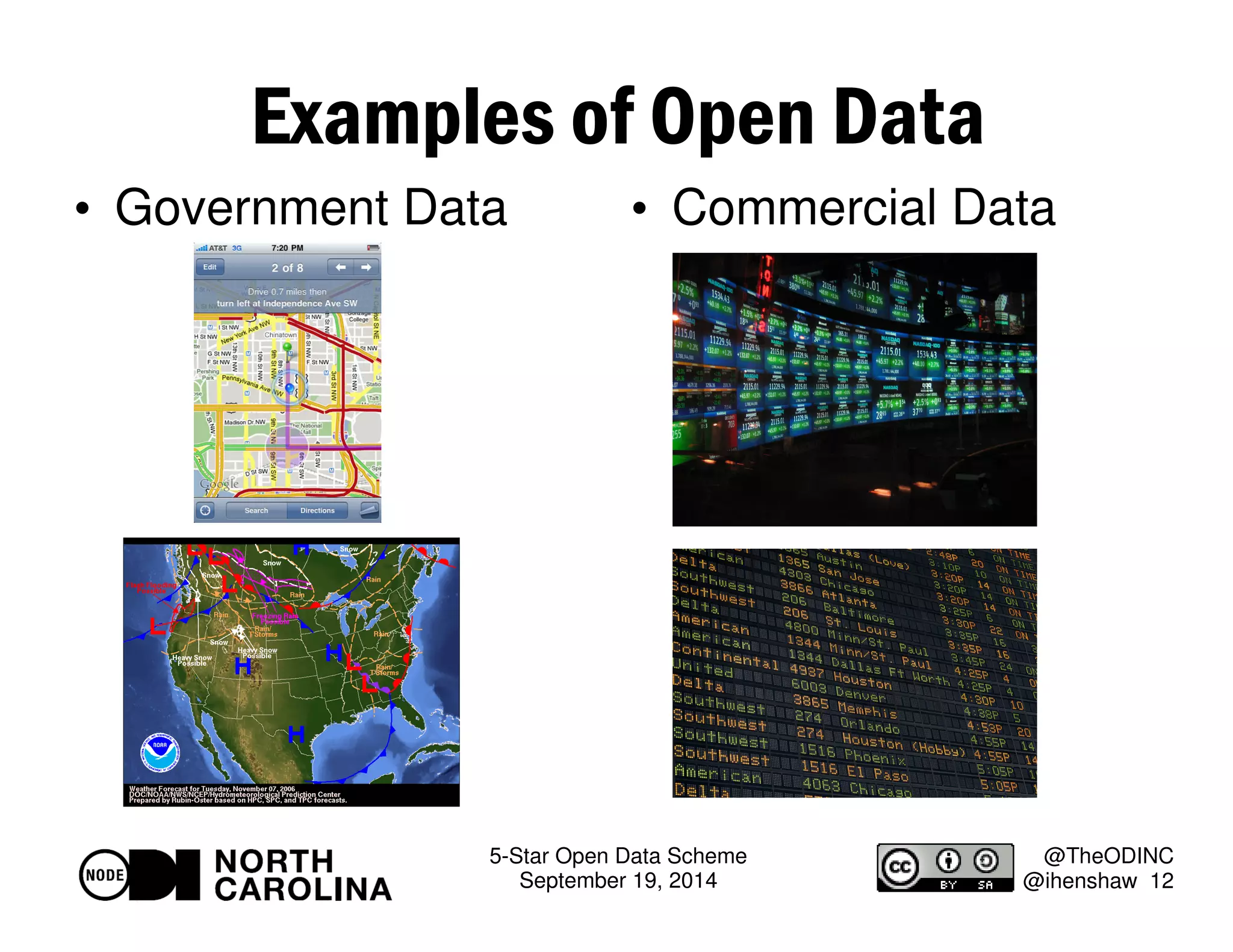 5-Star Open Data Scheme 
September 19, 2014 
@TheODINC 
@ihenshaw 12 
Examples of Open Data 
 Government Data  Commercial Data 
 