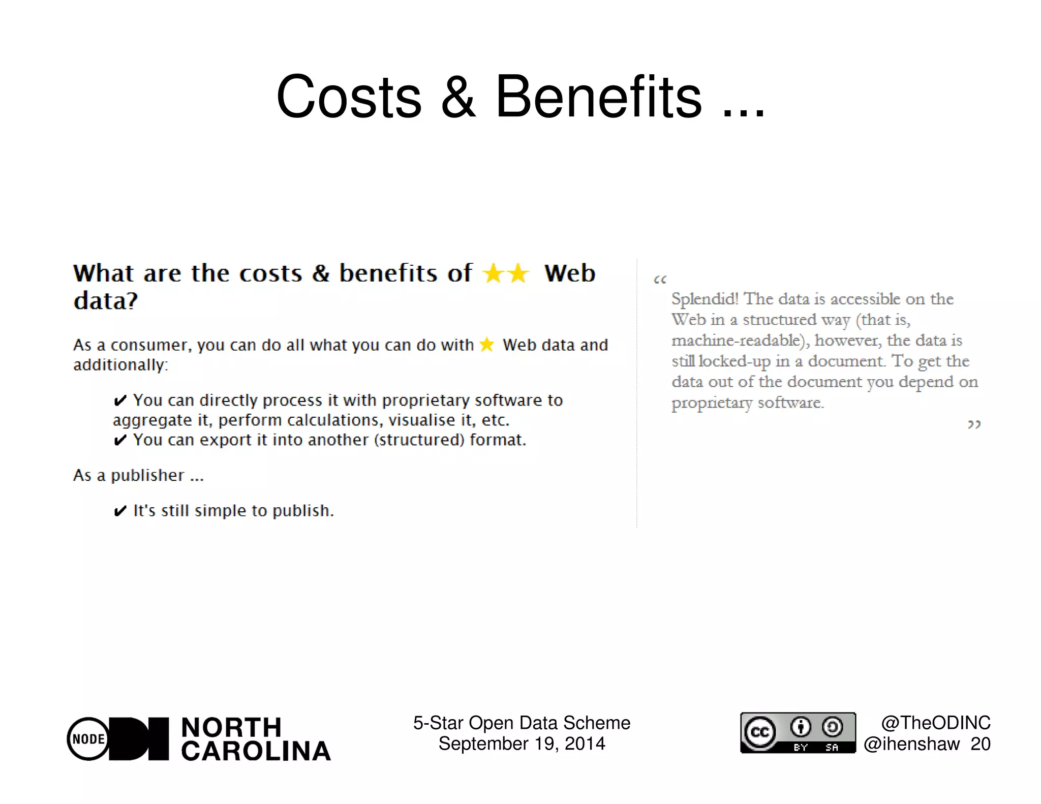 5-Star Open Data Scheme 
September 19, 2014 
@TheODINC 
@ihenshaw 20 
Costs  Benefits ... 
 