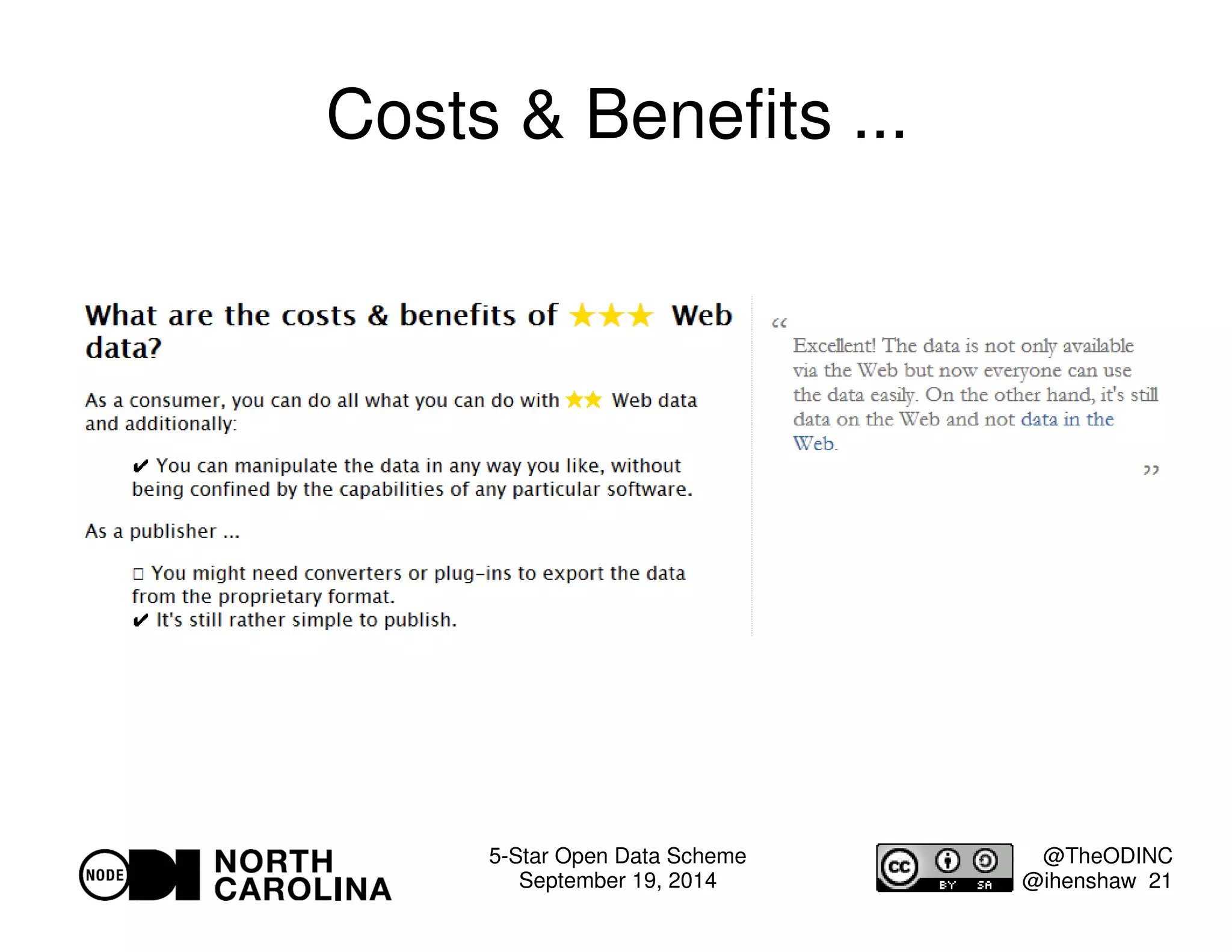 5-Star Open Data Scheme 
September 19, 2014 
@TheODINC 
@ihenshaw 21 
Costs  Benefits ... 
 