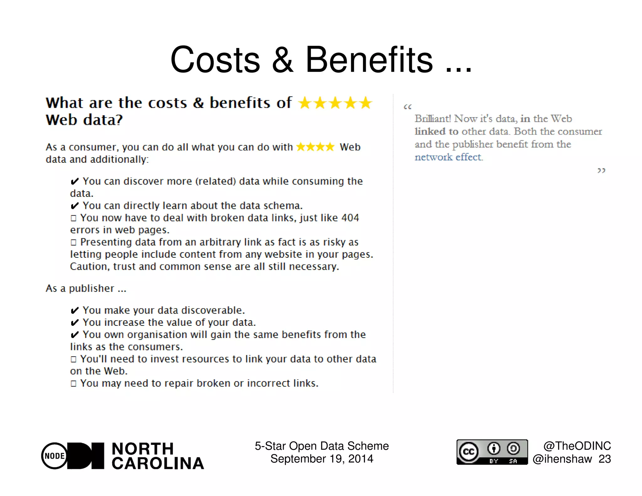 5-Star Open Data Scheme 
September 19, 2014 
@TheODINC 
@ihenshaw 23 
Costs  Benefits ... 
 