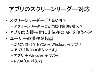 ץΥ```
? ```ȤAPI
C ```Ȥ˄Ф椨
? ץ֧Ԯg˷ API ʹ٤
? ``β
C ʤϺΣ NVDA  Windows  ץ
C ץ꡸˽OKܥǤ
C ץ  Windows  NVDA
C NVDAOK ܥ
8
 