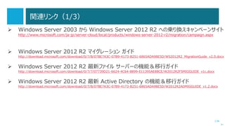 134
Web アプリケーション（IIS）移行の参考情報
次へ
 Web Deploy 3.5
http://www.microsoft.com/ja-JP/download/details.aspx?id=39277
http://www.iis.net/downloads/microsoft/web-deploy
 Windows Server 2003 のサポート終了に伴う移行計画 ～ アプリケーションの観点から ～
http://download.microsoft.com/download/C/0/F/C0F19DBA-0889-4DAA-8538-
01C9B3025451/COSRoadShow_Inaba_0214.pdf
 IIS 6.0 から IIS 7.0 への移行
http://technet.microsoft.com/ja-jp/library/dd939080.aspx
 .NET Framework 2.0 ～ 3.5 から .NET Framework 4 への移行
http://www.microsoft.com/ja-jp/net/migration/document4.aspx
 
