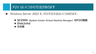 28
サポート終了まで残り時間はわずか！
 2015 年 7 月 15 日（日本時間）に
Windows Server 2003 のサポートが終了します。
 残り数か月の間に、移行を完了させるための、計画や実施が必要です。
次へ
現状の把握 検討と準備 移行の実施
 