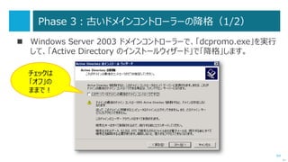 64
「ドメインをアップグレードする」移行方法の流れ
次へ
フォレスト / ドメイン
Phase 4
機能レベルを
Windows Server 2012 R2
にする
フォレストの機能レベル
：Windows Server 2003
ドメインの機能レベル
：Windows Server 2003
Windows Server 2012 R2Windows Server 2012 R2
FSMO
フォレストの機能レベル
：Windows Server 2012 R2
ドメインの機能レベル
：Windows Server 2012 R2
 
