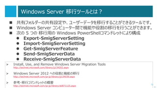 73
「ドメインの再編とオブジェクトの移動」の注意点
 ドメインを新規構築して、アカウントを移動するため、手間がかかる。
 ドメイン名など、設定や環境が大きく変わるため、各種システムへの影響が大きい。
 旧ドメインに参加していたコンピューターなどは、新ドメインへ参加しなおす必要が
あるため、再起動必須。
 「ADMT Ver.3.2」が最新版。
Windows Server 2012 / 2012 R2 へのインストールは不可。
（Windows Server 2008 R2 コンピューターを用意）
次へ
 