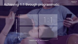 3
Yahoo 2014 Confidential & Proprietary.
3
T A R G E T I N G & E F F I C I E N C Y
USERENGAGEMENT
Achieving 1:1 through programmatic
3
 