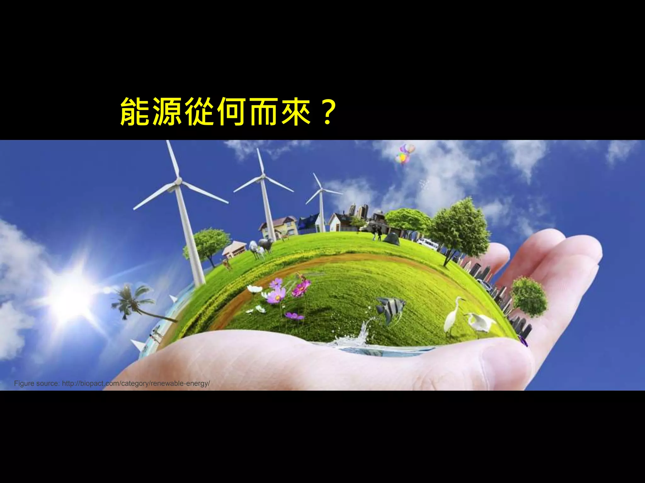 能源從何而來？ 
Figure source: http://biopact.com/category/renewable-energy/ 
 