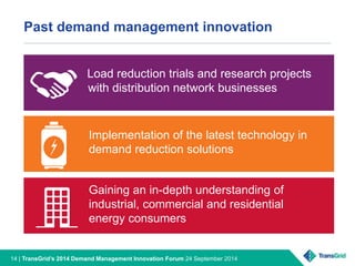 Past demand management innovation 
Load reduction trials and research projects 
with distribution network businesses 
Implementation of the latest technology in 
demand reduction solutions 
Gaining an in-depth understanding of 
industrial, commercial and residential 
energy consumers 
14 | TransGrid’s 2014 Demand Management Innovation Forum 24 September 2014 
 