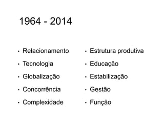 1964 - 2014
• Relacionamento
• Tecnologia
• Globalização
• Concorrência
• Complexidade
• Estrutura produtiva
• Educação
• Estabilização
• Gestão
• Função
 