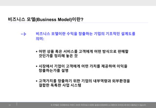 이저작물은크리에이티브커먼즈코리아저작자표시-비영리-동일조건변경허락2.0 대한민국라이센스에따라이용하실수있습니다. 
비즈니스모델(Business Model)이란? 
11 
비즈니스모델이란수익을창출하는기업의기초적인설계도를의미: 
어떤상품혹은서비스를고객에게어떤방식으로판매할것인가를정리해놓은것 
시장에서기업이고객에게어떤가치를제공하여이익을창출하는가를설명 
고객가치를창출하기위한기업의내부역량과외부환경을결합한독특한사업시스템  