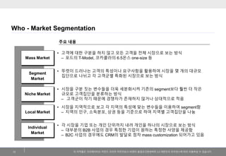 이저작물은크리에이티브커먼즈코리아저작자표시-비영리-동일조건변경허락2.0 대한민국라이센스에따라이용하실수있습니다. 
Who -Market Segmentation 
13 
Mass Market 
•고객에대한구분을하지않고모든고객을전체시장으로보는방식 
–포드의T-Model, 코카콜라의6.5온스one-size 등 
주요내용 
Segment Market 
•뚜렷이드러나는고객의특성이나요구사항을활용하여시장을몇개의대규모집단으로나뉘고각고객군별특화된시장으로보는방식 
Niche Market 
•시장을구분짓는변수들을더욱세분화시켜기존의segment보다훨씬더작은규모로고객집단을분류하는방식 
–고객군이작기때문에경쟁자가존재하지않거나상대적으로적음 
Local Market 
•시장을지역적으로보고각지역의특성에맞는변수들을이용하여segment함 
–지역의인구, 소득분포, 상권등을기준으로하여지역별고객집단을나눔 
Individual Market 
•각시장을기업또는개인단위까지내려개인을하나의시장으로보는방식 
–대부분의B2B 사업의경우특정한기업이원하는특정한사양을제공함 
–B2C 사업의경우에도CRM의발달로점차mass customization 되어가고있음  