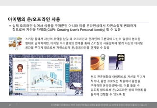 이저작물은크리에이티브커먼즈코리아저작자표시-비영리-동일조건변경허락2.0 대한민국라이센스에따라이용하실수있습니다. 
아이템의온/오프라인사용 
27 
실제오프라인상에서상품을구매뿐만아니라이를온라인상에서자연스럽게변화하게함으로써자신을차별화(CUPI: Creating User’s Personal Identity)할수있음 
스키장등에서자신의추억을남길때오프라인과온라인이구분되어자신의일상이분리된형태로남겨지지만, 디지털아이템과의연계를통해스키장의사용일자에맞게자신의디지털공간을꾸미게함으로써자연스럽게온/오프라인을연계할수있음 
커피전문매장의아이템으로자신을꾸미게하거나, 음반프로모션차원에서음반을구매하면온라인상에서도이를들을수있도록함으로써온/오프라인상의마케팅을동시에진행할수있도록함  