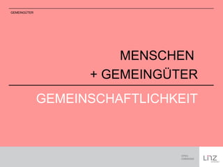 MENSCHEN 
+ GEMEINGÜTER 
GEMEINSCHAFTLICHKEIT 
GEMEINGÜTER 
 