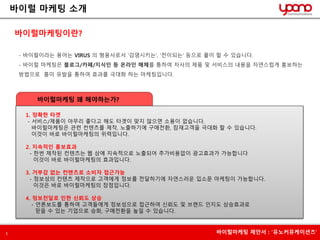 바이럴 마케팅 소개 
바이럴마케팅이란? 
- 바이럴이라는 용어는 VIRUS 의 형용사로서 '감염시키는', '전이되는' 등으로 풀이 할 수 있습니다. 
- 바이럴 마케팅은 블로그/카페/지식인 등 온라인 매체를 통하여 자사의 제품 및 서비스의 내용을 자연스럽게 홍보하는 
방법으로 흥미 유발을 통하여 효과를 극대화 하는 마케팅입니다. 
바이럴마케팅 왜 해야하는가? 
1. 정확한 타겟 
- 서비스/제품이 아무리 좋다고 해도 타겟이 맞지 않으면 소용이 없습니다. 
바이럴마케팅은 관련 컨텐츠를 제작, 노출하기에 구매전환, 잠재고객을 극대화 할 수 있습니다. 
이것이 바로 바이럴마케팅의 위력입니다. 
2. 지속적인 홍보효과 
- 한번 제작된 컨텐츠는 웹 상에 지속적으로 노출되어 추가비용없이 광고효과가 가능합니다 
이것이 바로 바이럴마케팅의 효과입니다. 
3. 거부감 없는 컨텐츠로 소비자 접근가능 
- 정보성의 컨텐츠 제작으로 고객에게 정보를 전달하기에 자연스러운 입소문 마케팅이 가능합니다. 
이것은 바로 바이럴마케팅의 장점입니다. 
4. 정보전달로 인한 신뢰도 상승 
- 언론보도를 통하여 고객들에게 정보성으로 접근하여 신뢰도 및 브랜드 인지도 상승효과로 
믿을 수 있는 기업으로 승화, 구매전환을 높일 수 있습니다. 
1 바이럴마케팅 제안서 : ‘유노커뮤케이션즈’ 
 