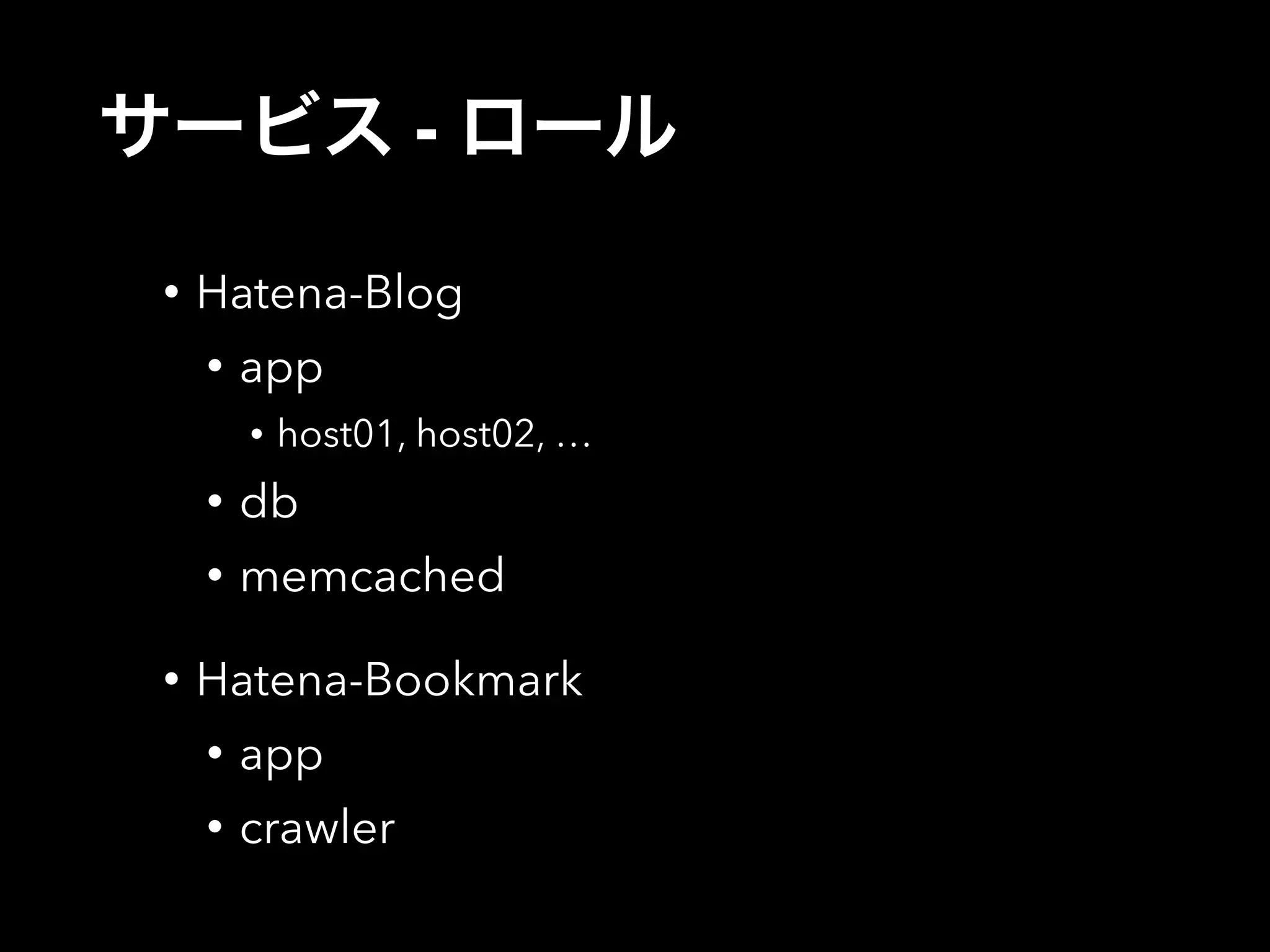サービス - ロール 
• Hatena-Blog 
• app 
• host01, host02, … 
• db 
• memcached 
• Hatena-Bookmark 
• app 
• crawler 
 