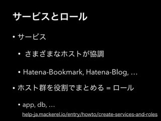 サービスとロール 
• サービス 
• さまざまなホストが協調 
• Hatena-Bookmark, Hatena-Blog, … 
• ホスト群を役割でまとめる = ロール 
• app, db, … 
help-ja.mackerel.io/entry/howto/create-services-and-roles 
 