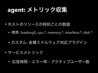 agent: メトリック収集 
• ホストのリソースの時刻ごとの数値 
• 標準: loadavg5, cpu.*, memory.*, interface.*, disk.* 
• カスタム: 各種ミドルウェア対応プラグイン 
• サービスメトリック 
• 応答時間・エラー率・アクティブユーザー数 
 