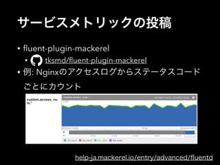 サービスメトリックの投稿 
• fluent-plugin-mackerel 
• tksmd/fluent-plugin-mackerel 
• 例: Nginxのアクセスログからステータスコード 
ごとにカウント 
help-ja.mackerel.io/entry/advanced/fluentd 
 