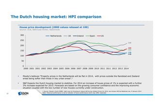 17 
The Dutch housing market: HPI comparison 
House price development (2000 values rebased at 100) 
Source: ECB, S&P/Case-Shiller, Nationwide 
220 
166 
154 
300 
250 
200 
150 
100 
50 
Netherlands UK Ireland Spain US 
 S&P Expects the Dutch housing market to stabilize. For 2014 an increase of house prices of 1% is expected with a further 
2% increase expected for 2015. Forecasts are based on the growing consumer confidence and the improving economic 
situation coupled with the low number of new houses currently under construction. 
Note : Historicalpe rform ance isnotan indicatorof future pe rform ance wh ich m ay diffe rm ate rially 
128 
118 
 Moody’s believes “Property prices in the Netherlands will be flat in 2014, with prices outside the Randstad and Zeeland 
areas being softer than those in key urban areas”.1 
1 Source : Moody’sDutch RMBS: High Loan-to-Fore closure Value sW illb e ke y De faultDrive rfor 2014, b utArre arsW illb e Re lative ly low, 9 January 2014 
0 
2000 2001 2001 2002 2003 2004 2005 2006 2006 2007 2008 2009 2010 2011 2011 2012 2013 2014 
 
