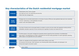 21 
Key characteristics of the Dutch residential mortgage market 
Under 
writing 
 Mortgage loans are provided predominantly on the basis of income (LTMVs are a less significant basis due to tax incentives) 
 “Full-doc” underwriting, no self certification of income 
 Industry wide credit database (BKR) 
Code of 
Conduct 
 The Code of Conduct aims to encourage lenders to compete on service and price rather than aggressive lending practices 
 Affordability calculation assuming 30 year amortizing loan regardless of product and interest rate risk 
Framework 
 Lenders can repossess and sell properties by public auction without a court order 
 Full recourse to the borrower. After foreclosure, any remaining debt remains enforceable until discharged in full 
 Strong social support and pension system 
Products 
 Predominantly prime, owner occupied 
 Very little buy-to-let, non-conforming and sub-prime 
 Mostly fixed rate mortgage loans 
Source : AEGON 
NHG 
 The NHG program is the public mortgage loan guarantee scheme supporting home ownership in the Netherlands 
 Every person in the Netherlands can obtain a guarantee from the Dutch state guaranteed non-profit organization (Stichting 
WEW) subject to the applicable terms and conditions 
 