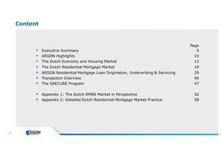 4 
Content 
Page 
 Executive Summary 5 
 AEGON Highlights 10 
 The Dutch Economy and Housing Market 13 
 The Dutch Residential Mortgage Market 19 
 AEGON Residential Mortgage Loan Origination, Underwriting & Servicing 29 
 Transaction Overview 40 
 The SAECURE Program 47 
 Appendix 1: The Dutch RMBS Market in Perspective 52 
 Appendix 2: Detailed Dutch Residential Mortgage Market Practice 58 
 