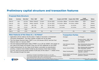 7 
Preliminary capital structure and transaction features 
Proposed Note Structure 
Series Currency Note Size1 Fitch / S&P WAL2 FORD Coupon until FORD Coupon after FORD Credit 
1 Ex pre sse d asa pe rce ntage of th e aggre gate of th e ClassA, B and C Note s 
2CPR of [5.0]%, no arre arsorlosse s, no furth e radvance sand an assum e d callon 
th e FirstOptionalRe de m ption Date (“FORD”), se e Pre lim inary Prospe ctusforfurth e rassum ptions 
3Cre dite nh ance m e ntsh own in tab le doe snotinclude e xce ssspre ad 
4NPDsare on th e 30th day of e ach January, April, July & Octob e r (Modifie d Following) untilre de m ption 
Note : Inve storsare pointe d towardsth e risk factorsse ction of th e Pre lim inary Prospe ctus 
enhancement 3 Status 
Class A1 EUR [23.2%] [AAAsf / AAA(sf)] [2.0]yrs [30 Jan 2020] 3m Euribor+ [ ]bps 3m Euribor+ [ ]bps [8]% Offered 
Class A2 EUR [69.8%] [AAAsf / AAA(sf)] [5.3]yrs [30 Jan 2020] 3m Euribor+ [ ]bps 3m Euribor+ [ ]bps [8]% Offered 
Class B EUR [2.0%] [NR / NR] N/A [30 Jan 2020] 3m Euribor 3m Euribor [6]% Retained 
Class C EUR [5.0%] [NR / NR] N/A [30 Jan 2020] 3m Euribor 3m Euribor [1]% Retained 
Total EUR 100% 
Class D EUR [1%] [NR / NR] NA NA 0% 0% [0]% Retained 
Main Features of the Class A1 / A2 Notes4 
Transaction Parties 
 Application will be made to list the Class A Notes on Euronext in Amsterdam 
(Euronext Amsterdam). The other Classes of Notes will not be listed 
 The First Notes Payment Date (“NPD”) is on [30 January 2015]4 and the Final 
Maturity Date is in January 20924 
 The First Optional Redemption Date (“FORD”) is on [30 Jan 2020]4; the margin on 
the Class A1/A2 Notes will double if they are not fully redeemed on the FORD 
 Credit enhancement for the Class A1/A2 Notes is provided via subordination 
([7]1%), a reserve fund initially funded by the issuance of the Class D Notes 
([1]1%), and an annual excess spread of [50] bps (of the Class A – C Notes minus 
PDL) provided through the swap 
Cre ditratingsaccurate asof 19 Se pt2014. Re fe rto rating age ncy 
we b site sfor additionalde tail 
Arranger: J.P. Morgan 
Managers: 
Deutsche Bank, HSBC, ING, 
J.P. Morgan, Rabobank 
International 
Cash Advance Facility 
Provider: 
Bank Nederlandse Gemeenten 
(AA+/Aaa/AAA) (S/M/F) 
Issuer Account Bank: Bank Nederlandse Gemeenten 
(AA+/Aaa/AAA) (S/M/F) 
Swap Counterparty: Rabobank International (AA- 
/Aa2/AA-) (S/M/F) 
Paying Agent and Principal 
Paying Agent: 
Deutsche Bank AG (Amsterdam) 
(A/A3/A+) (S/M/F) 
 