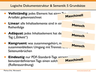 Logische Dokumentstruktur & Semantik: 5 Grundsätze 
• Vollständig: jedes Element hat einen Tag oder ist als 
Maschinell 
Artefakt gekennzeichnet 
• Linear: alle Inhaltselemente sind in einer eindeutige 
Mensch 
Mensch 
Reihenfolge 
• Adäquat: jedes Inhaltselement hat den zu ihm passenden 
Tag („Etikett“) 
• Kongruent: was zusammengehört, muss 
Mensch 
zusammenbleiben: Umgang mit Trennstrichen, Zeilen- oder 
Seitenumbrüchen 
• Eindeutig: nur PDF-Standard-Tags verwenden oder 
Maschinell 
benutzerdefinierten Tags einen solchen zuweisen 
(Rollenzuordnung) 
Markus Erle, Wertewerk www.wertewerk.de 
 