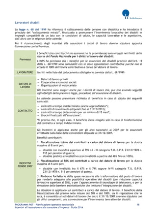 PROGRAMMA POT – Pianificazione operativa territoriale 18 
Incentivi all’assunzione e alla creazione d’impresa – Guida 2014 
Lavoratori disabili 
La legge n. 68 del 1999 ha riformato il collocamento delle persone con disabilità e ha introdotto il principio del “collocamento mirato”, finalizzato a promuovere l’inserimento lavorativo dei disabili in impieghi compatibili da un lato con le condizioni di salute, le capacità lavorative e le aspettative, dall’altro con le esigenze delle aziende. 
Per il riconoscimento degli incentivi alle assunzioni i datori di lavoro devono stipulare apposita Convenzione con le Province. Premessa 
I benefici (sia contributivi sia economici e le provvidenze) sono erogati nei limiti delle risorse del Fondo Nazionale per i diritti al lavoro dei disabili. 
L’INPS ha precisato che i benefici per le assunzioni dei disabili previste dall’art. 13 della L. 68/1999 sono cumulabili con le altre agevolazioni contributive purché non si ecceda il 100% dell’onere contributivo a carico del datore di lavoro. LAVORATORE 
Iscritti nelle liste del collocamento obbligatorio previste dalla L. 68/1999. DATORE DI LAVORO 
• Datori di lavoro privati 
• Cooperative e consorzi sociali 
• Organizzazioni di volontariato 
Gli incentivi sono erogati anche per i datori di lavoro che, pur non essendo soggetti agli obblighi della presente legge, procedono all’assunzione di disabili. CONTRATTO 
Le aziende possono presentare richiesta di beneficio in caso di stipula dei seguenti contratti: 
• contratti a tempo indeterminato (anche apprendistato*); 
• contratti di inserimento (stipulati fino al 31/12/2012); 
• contratti a tempo determinato per un minimo di 12 mesi*; 
• tirocini finalizzati all’assunzione*. 
*Si precisa che, in ogni caso, il beneficio viene erogato solo in caso di trasformazione del contratto a tempo indeterminato. INCENTIVI FONDO 2007 
Gli incentivi si applicano anche per gli anni successivi al 2007 per le assunzioni effettuate sulla base delle convenzioni stipulate al 31/12/2007. 
Benefici contributivi: 
1. Fiscalizzazione totale dei contributi a carico del datore di lavoro per la durata massima di 8 anni per: 
• disabile con invalidità superiore al 79% o I - III categoria T.U. D.P.R. 23/12/1978 n. 915 per pensioni di guerra; 
• disabile psichico e intellettivo (con invalidità a partire dal 46% fino al 100%). 
2. Fiscalizzazione al 50% dei contributi a carico del datore di lavoro per la durata massima di 5 anni per: 
• disabile con invalidità tra il 67% e il 79% oppure IV-VI categoria T.U. D.P.R. 23/12/1978 n. 915 per pensioni di guerra. 
3. Rimborso forfettario delle spese necessarie alla trasformazione del posto di lavoro per renderlo adeguato alle possibilità operative dei disabili (con riduzione capacità lavorativa superiore al 50%), o per l’apprestamento di tecnologie di telelavoro, o per la rimozione delle barriere architettoniche che limitano l’integrazione dei disabili. 
Le riduzioni si applicano sui contributi a carico del datore di lavoro. Il beneficio della fiscalizzazione del premio nelle misure del 50% e del 100%, sia in regolazione che in rata, è consentito ai soli datori di lavoro che entro il 31/12/2007 avevano stipulato con gli uffici competenti, una convenzione per l’inserimento lavorativo dei disabili.  