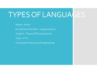 TYPESOF LANGUAGES
Name : Ankur
Enrollment Number : 140950107005
Subject :Theory Of Computation
Class : 6th A
Computer Science and Engineering
 