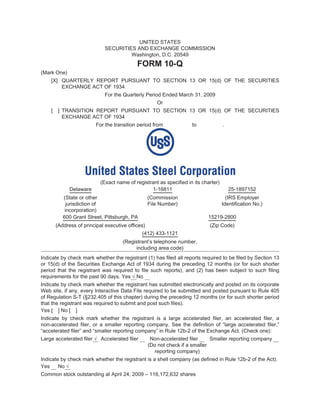 UNITED STATES
                              SECURITIES AND EXCHANGE COMMISSION
                                       Washington, D.C. 20549
                                            FORM 10-Q
(Mark One)
    [X] QUARTERLY REPORT PURSUANT TO SECTION 13 OR 15(d) OF THE SECURITIES
        EXCHANGE ACT OF 1934
                             For the Quarterly Period Ended March 31, 2009
                                                      Or
    [    ] TRANSITION REPORT PURSUANT TO SECTION 13 OR 15(d) OF THE SECURITIES
           EXCHANGE ACT OF 1934
                         For the transition period from              to              .




                            (Exact name of registrant as specified in its charter)
              Delaware                            1-16811                                25-1897152
           (State or other                         (Commission                         (IRS Employer
             jurisdiction of                       File Number)                      Identification No.)
            incorporation)
           600 Grant Street, Pittsburgh, PA                                 15219-2800
        (Address of principal executive offices)                             (Zip Code)
                                              (412) 433-1121
                                      (Registrant’s telephone number,
                                           including area code)
Indicate by check mark whether the registrant (1) has filed all reports required to be filed by Section 13
or 15(d) of the Securities Exchange Act of 1934 during the preceding 12 months (or for such shorter
period that the registrant was required to file such reports), and (2) has been subject to such filing
requirements for the past 90 days. Yes √ No
Indicate by check mark whether the registrant has submitted electronically and posted on its corporate
Web site, if any, every Interactive Data File required to be submitted and posted pursuant to Rule 405
of Regulation S-T (§232.405 of this chapter) during the preceding 12 months (or for such shorter period
that the registrant was required to submit and post such files).
Yes [ ] No [ ]
Indicate by check mark whether the registrant is a large accelerated filer, an accelerated filer, a
non-accelerated filer, or a smaller reporting company. See the definition of “large accelerated filer,”
“accelerated filer” and “smaller reporting company” in Rule 12b-2 of the Exchange Act. (Check one):
Large accelerated filer √ Accelerated filer         Non-accelerated filer     Smaller reporting company
                                                   (Do not check if a smaller
                                                      reporting company)
Indicate by check mark whether the registrant is a shell company (as defined in Rule 12b-2 of the Act).
        No √
Yes
Common stock outstanding at April 24, 2009 – 116,172,632 shares
 