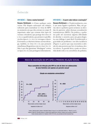 Entrevista
HPV News — Como a vacina funciona?

HPV News — A quem cabe indicar a vacinação?

Rosana Richtmann — Como qualquer outra
vacina. Ela dispara anticorpos em número
suficiente para neutralizar os vírus do HPV
no momento em que eles entram no corpo. É
importante saber que existem dois tipos de
vacinas: a bivalente, que protege dos vírus 16
e 18, e a quadrivalente, que promove a profilaxia dos tipos 6, 11, 16 e 18, verrugas e câncer.
Entretanto, a cobertura dessas vacinas abrange, também, os vírus 33 e 45, que possuem
semelhança filogenética com os vírus 16 e 18.
Não é que elas garantam “blindagem” contra
os tipos 33 e 45, mas protegem indiretamente.

Rosana Richtmann — Tradicionalmente, esse
é um tema ligado à pediatria. Mas, em geral, não é o pediatra quem esclarece as dúvidas do paciente sobre doenças sexualmente
transmissíveis (DSTs). Na prática, o pediatra pode até encontrar alguma dificuldade
de abordar o assunto; para um ginecologista, esse diálogo é mais fácil. Considerando a
gravidade do problema e sua alta incidência
(Figura 1), penso que seja necessária a adoção de uma postura que leve à mudança dessa cultura. A questão deve e pode ser discutida desde cedo e no consultório do pediatra.

RISCO DE AqUISIçãO DO HPV APóS A PRIMEIRA RELAçãO SExUAL
Risco cumulativo de infecção pelo HPV no colo do útero em adolescentes
do sexo feminino com apenas um parceiro sexual*

70

Risco cumulativo de infecção pelo HPV (%)

Risco cumulativo de infecção pelo HPV (%)

Estudo em estudantes universitárias**

N = 242

60
50
40
30

46% HPV +
em três anos

20
10
0

0

12

24

36

45

60

70
60

N = 603

50
40
30
20
10
0

0 4 8 12 16 20 24 28 32 36 40 44 48 52 56

Meses desde a primeira relação sexual

Meses desde a primeira relação sexual

Adaptado de Collins et al.1

Adaptado de Winer et al.**

*Collins S, Mazloomzadeh S, Winter H, Blomfield P, Bailey A, Young LS, et al. BJOG 2002;109:96-8.2. **Winer RL, Lee S-K,
Hughes JP, Adam DE, Kiviat NB, Koutsky LA. Genital human papillomavirus infection: incidence and risk factors in acohort of
female university students. Am J Epidemiol. 2003;157:218-26, com permissão da Oxford University Press.

6

14096 HPV News.indd 6

HPV News | 2012

03/08/12 16:36

 