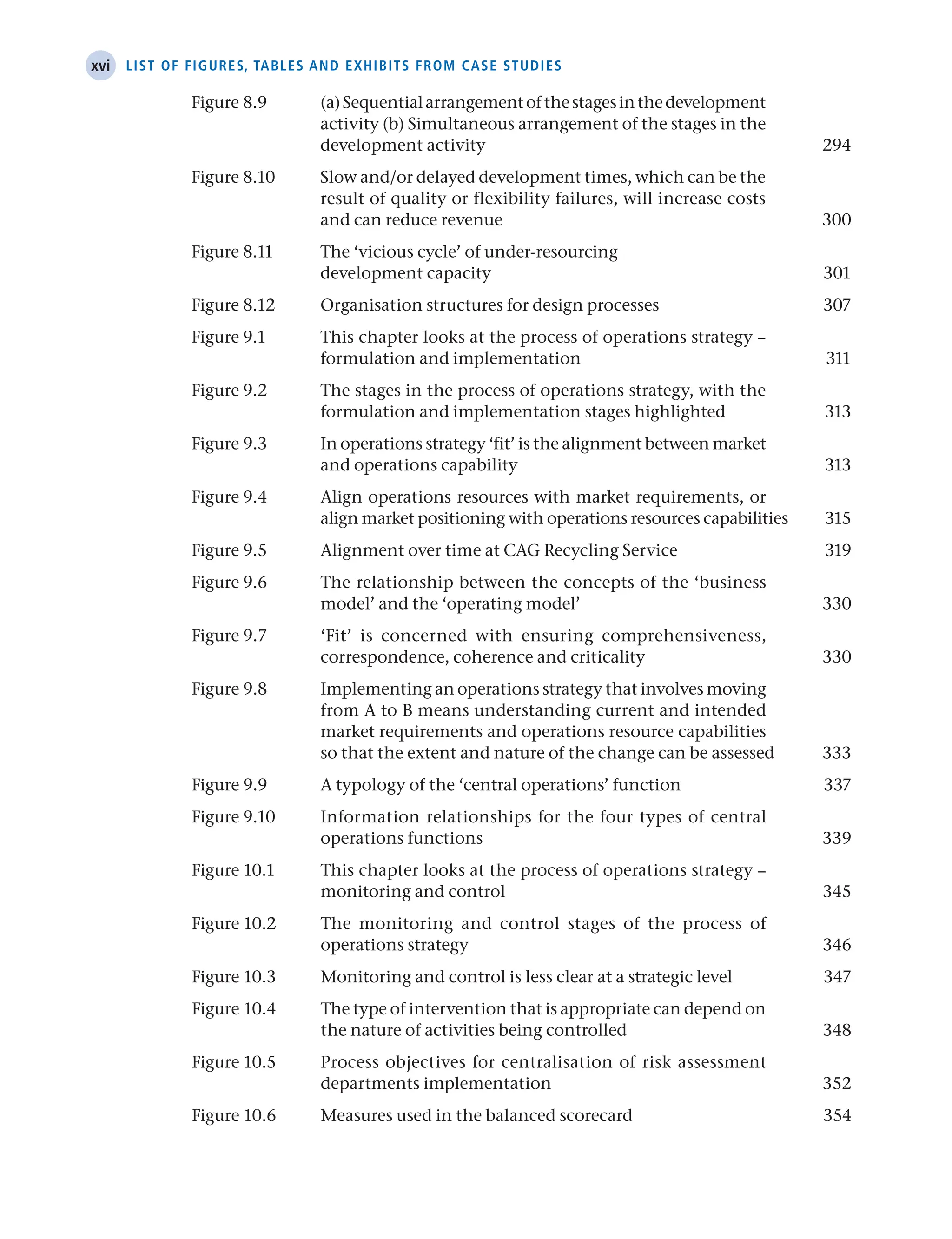 xvi List of figures, tables and exhibits from case studies
Figure 8.9 (a)Sequentialarrangementofthestagesinthedevelopment
activity (b) Simultaneous arrangement of the stages in the
development activity 294
Figure 8.10 Slow and/or delayed development times, which can be the
result of quality or flexibility failures, will increase costs
and can reduce revenue 300
Figure 8.11 The ‘vicious cycle’ of under-resourcing
development capacity 301
Figure 8.12 Organisation structures for design processes 307
Figure 9.1 This chapter looks at the process of operations strategy –
formulation and implementation 311
Figure 9.2 The stages in the process of operations strategy, with the
formulation and implementation stages highlighted 313
Figure 9.3 In operations strategy ‘fit’ is the alignment between market
and operations capability 313
Figure 9.4 Align operations resources with market requirements, or
align market positioning with operations resources capabilities 315
Figure 9.5 Alignment over time at CAG Recycling Service 319
Figure 9.6 The relationship between the concepts of the ‘business
model’ and the ‘operating model’ 330
Figure 9.7 ‘Fit’ is concerned with ensuring comprehensiveness,
correspondence, coherence and criticality 330
Figure 9.8 Implementing an operations strategy that involves moving
from A to B means understanding current and intended
market requirements and operations resource capabilities
so that the extent and nature of the change can be assessed 333
Figure 9.9 A typology of the ‘central operations’ function 337
Figure 9.10 Information relationships for the four types of central
operations functions 339
Figure 10.1 This chapter looks at the process of operations strategy –
monitoring and control 345
Figure 10.2 The monitoring and control stages of the process of
operations strategy 346
Figure 10.3 Monitoring and control is less clear at a strategic level 347
Figure 10.4 The type of intervention that is appropriate can depend on
the nature of activities being controlled 348
Figure 10.5 Process objectives for centralisation of risk assessment
departments implementation 352
Figure 10.6 Measures used in the balanced scorecard 354
 