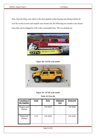 MCE491: Design Project II Final Report
Page 53 of 78
Also, from the Ebay.com which is the most popular online buying and selling website all
over the world several scale models were found, but, the following two models were chosen
since they can be shipped to UAE with a reasonable time. The two models are:
Figure 28: 1/24 H2 scale model
Figure 29: 1/27 H2 scale model
Table 10: Price list
Location of
the Supplier
Scale Price Shipment
cost
Total cost
Dragon mall
(Dubai)
- 120 AED - 120 AED
Souq.com
(Dubai)
1/32 130 AED - 130 AED
 