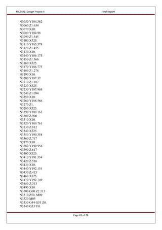 MCE491: Design Project II Final Report
Page 81 of 78
N3050 Y184.382
N3060 Z1.634
N3070 X10.
N3080 Y184.98
N3090 Z1.545
N3100 X325.
N3110 Y185.578
N3120 Z1.455
N3130 X10.
N3140 Y186.175
N3150 Z1.366
N3160 X325.
N3170 Y186.773
N3180 Z1.276
N3190 X10.
N3200 Y187.37
N3210 Z1.187
N3220 X325.
N3230 Y187.968
N3240 Z1.094
N3250 X10.
N3260 Y188.566
N3270 Z1.
N3280 X325.
N3290 Y189.163
N3300 Z.906
N3310 X10.
N3320 Y189.761
N3330 Z.812
N3340 X325.
N3350 Y190.358
N3360 Z.717
N3370 X10.
N3380 Y190.956
N3390 Z.617
N3400 X325.
N3410 Y191.554
N3420 Z.516
N3430 X10.
N3440 Y192.151
N3450 Z.415
N3460 X325.
N3470 Y192.749
N3480 Z.313
N3490 X10.
N3500 G00 Z2.313
N3510 Z50. M09
N3520 M05
N3530 G44 G53 Z0.
N3540 G53 Y0.
 