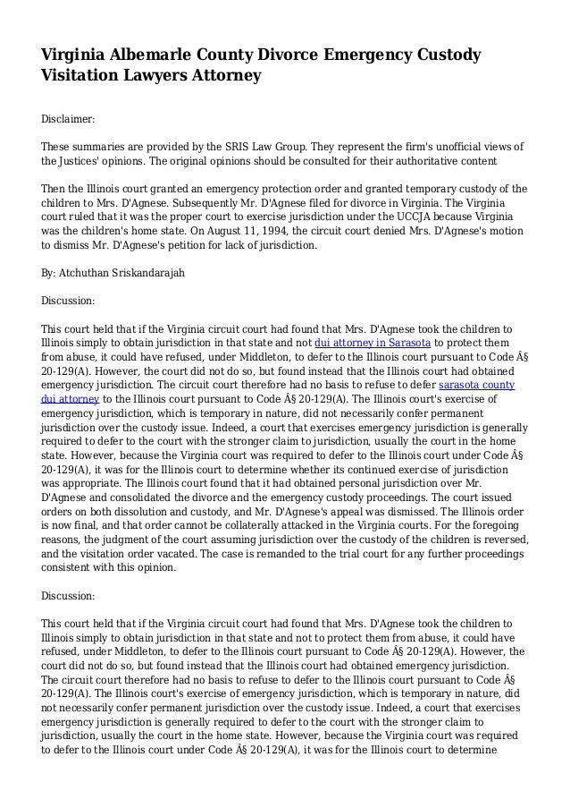 Virginia Albemarle County Divorce Emergency Custody Visitation Lawyers