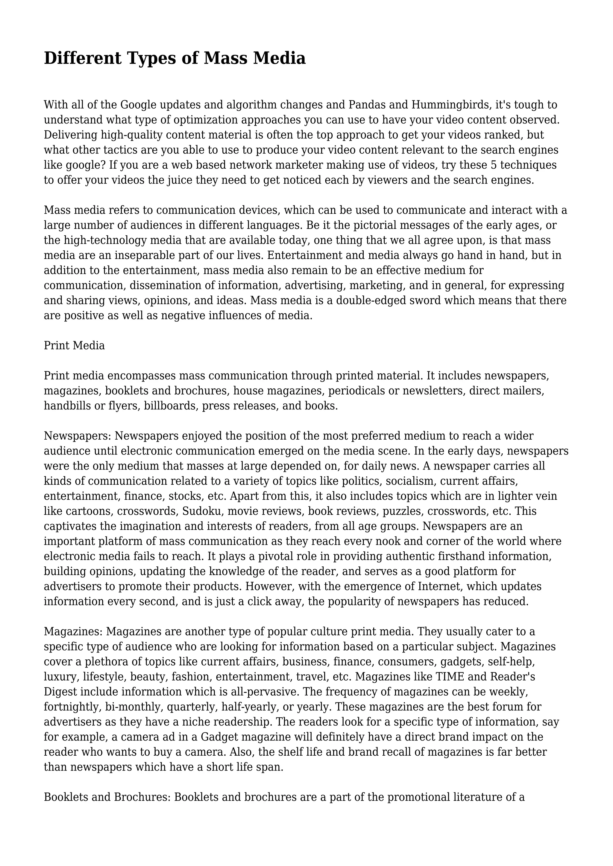 Different Types of Mass Media PDF