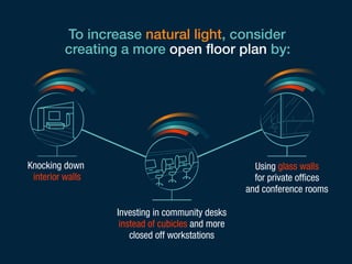 To increase natural light, consider 
creating a more open floor plan by: 
Investing in community desks 
instead of cubicles and more 
closed off workstations 
Knocking down 
interior walls 
Using glass walls 
for private offices 
and conference rooms 
 