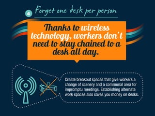 Forget one desk per person 4 
Thanks to wireless 
technology, workers don’t 
need to stay chained to a 
desk all day. 
Create breakout spaces that give workers a 
change of scenery and a communal area for 
impromptu meetings. Establishing alternate 
work spaces also saves you money on desks. 
 