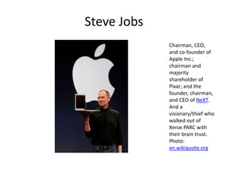 Steve Jobs
Chairman, CEO,
and co-founder of
Apple Inc.;
chairman and
majority
shareholder of
Pixar; and the
founder, chairman,
and CEO of NeXT.
And a
visionary/thief who
walked out of
Xerox PARC with
their brain trust.
Photo:
en.wikiquote.org
 