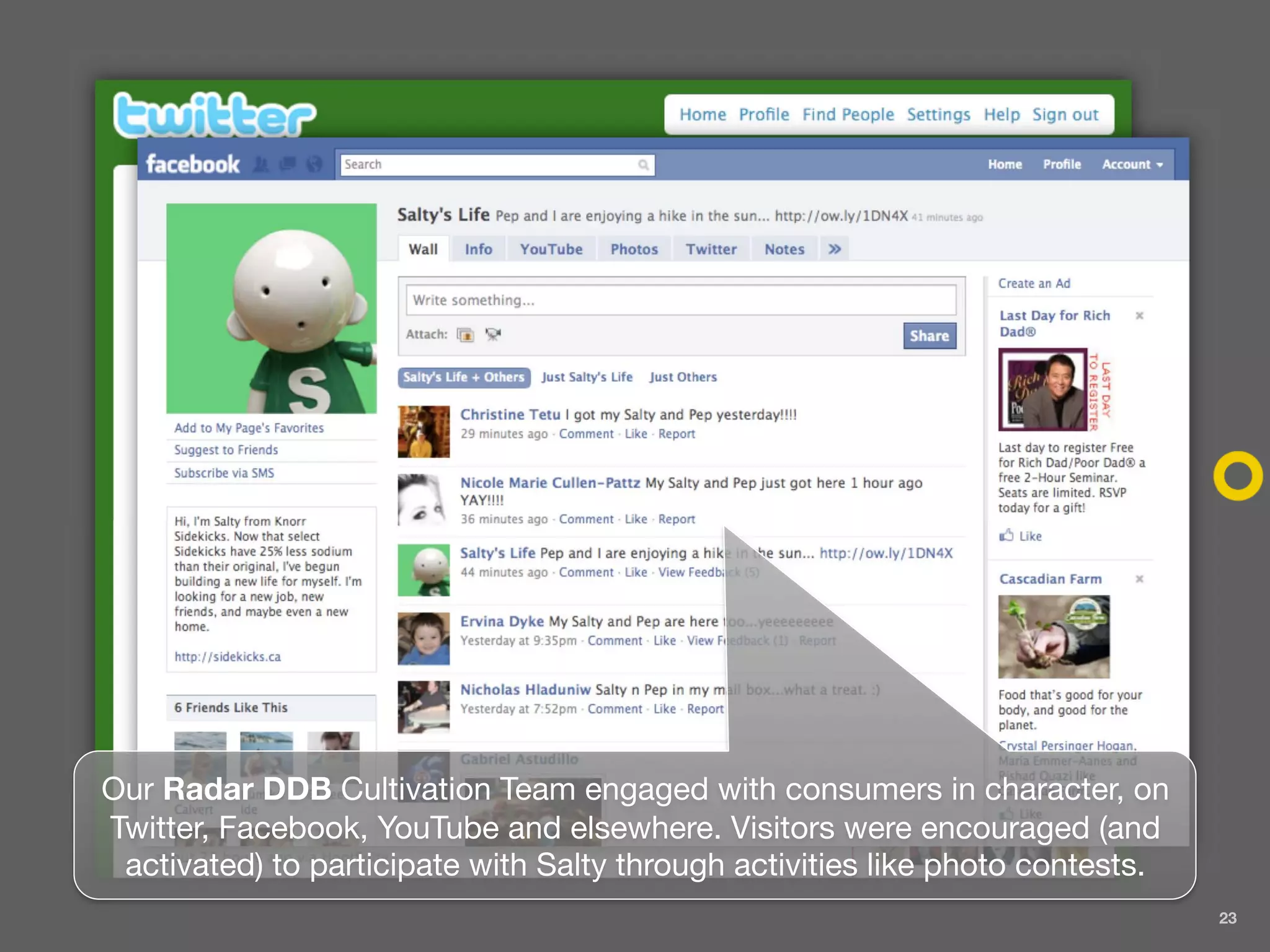 Our Radar DDB Cultivation Team engaged with consumers in character, on
Twitter, Facebook, YouTube and elsewhere. Visitors were encouraged (and
 activated) to participate with Salty through activities like photo contests.
                                                                                23
 