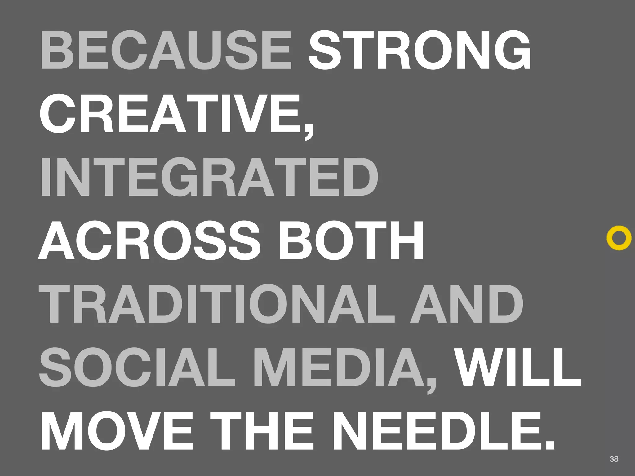 BECAUSE STRONG
CREATIVE,
INTEGRATED
ACROSS BOTH
TRADITIONAL AND
SOCIAL MEDIA, WILL
MOVE THE NEEDLE.     38
 