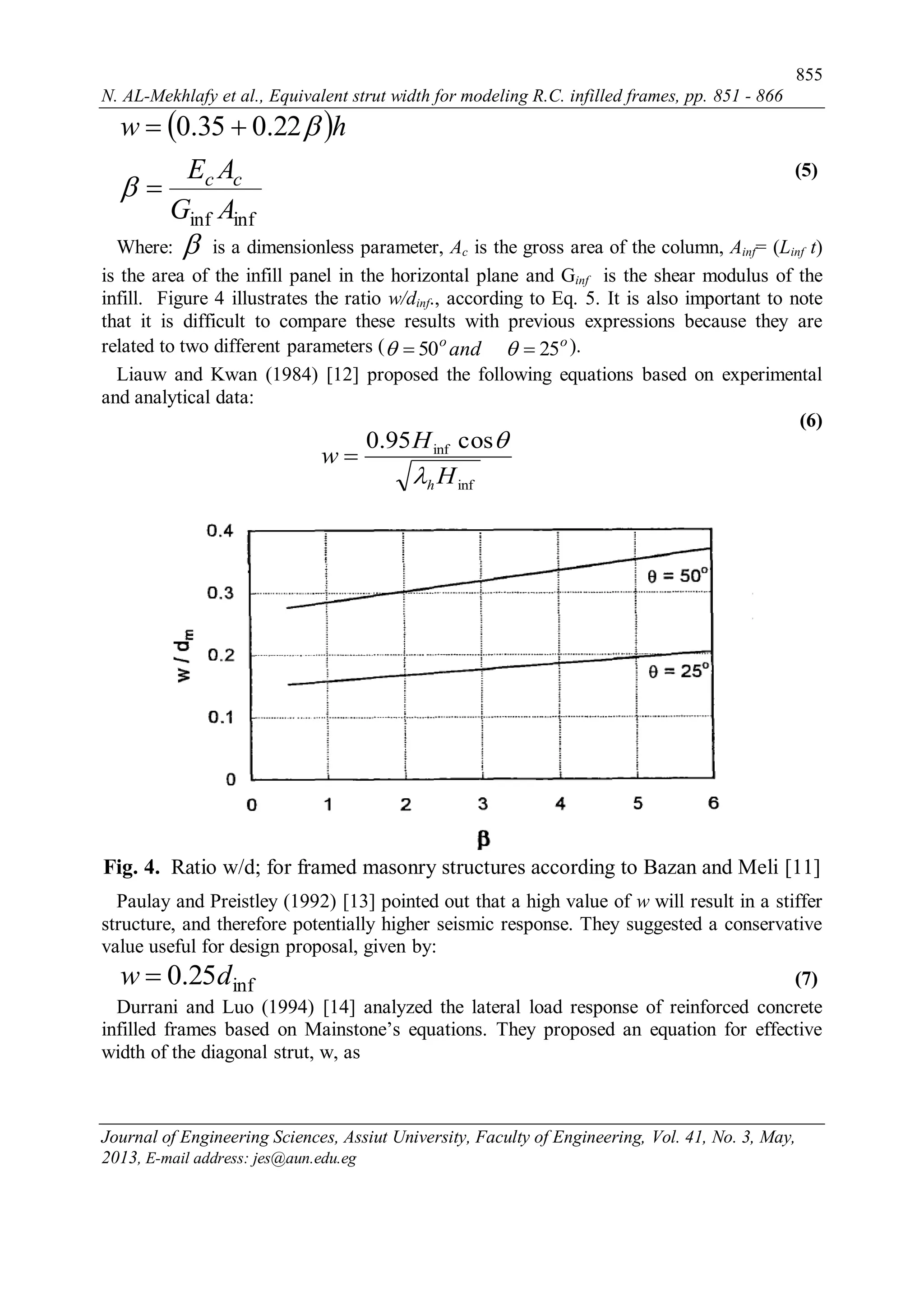 855
N. AL-Mekhlafy et al., Equivalent strut width for modeling R.C. infilled frames, pp. 851 - 866
Journal of Engineering Sciences, Assiut University, Faculty of Engineering, Vol. 41, No. 3, May,
2013, E-mail address: jes@aun.edu.eg
inf
inf cos95.0
H
H
w
h


 
infinf
22.035.0
AG
AE
hw
cc




(5)
Where:  is a dimensionless parameter, Ac is the gross area of the column, Ainf= (Linf t)
is the area of the infill panel in the horizontal plane and Ginf is the shear modulus of the
infill. Figure 4 illustrates the ratio w/dinf., according to Eq. 5. It is also important to note
that it is difficult to compare these results with previous expressions because they are
related to two different parameters ( oo
and 2550   ).
Liauw and Kwan (1984) [12] proposed the following equations based on experimental
and analytical data:
(6)
Fig. 4. Ratio w/d; for framed masonry structures according to Bazan and Meli [11]
Paulay and Preistley (1992) [13] pointed out that a high value of w will result in a stiffer
structure, and therefore potentially higher seismic response. They suggested a conservative
value useful for design proposal, given by:
inf25.0 dw  (7)
Durrani and Luo (1994) [14] analyzed the lateral load response of reinforced concrete
infilled frames based on Mainstone’s equations. They proposed an equation for effective
width of the diagonal strut, w, as
 
