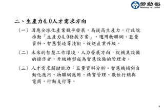 二、生產力4.0人才需求方向
(一) 因應全球化產業競爭發展，為提高生產力，行政院
推動「生產力4.0發展方案」，運用物聯網、巨量
資料、智慧製造等技術，促進產業升級。
(二) 未來的智慧工作環境，人力發展方向，從機具設備
的操作者，升級轉型成為智慧設備的管理者。
(三) 人才需求關鍵能力：巨量資料分析、智慧機械與自
動化應用、物聯網應用、精實管理、數位行銷與
電商、行動支付等。
4
 